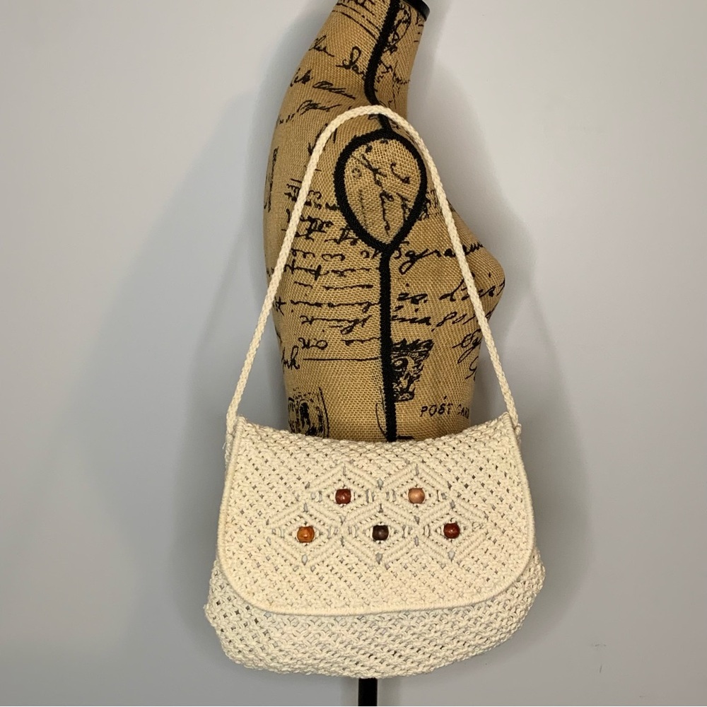 Artisan Cream Woven Shoulder Bag with Bead Accents